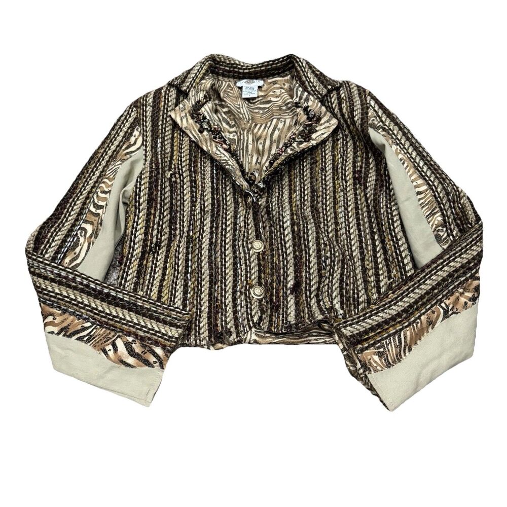 Sandy Starkman Textured Tweed Jacket Small Brown Beaded Trim Animal Print